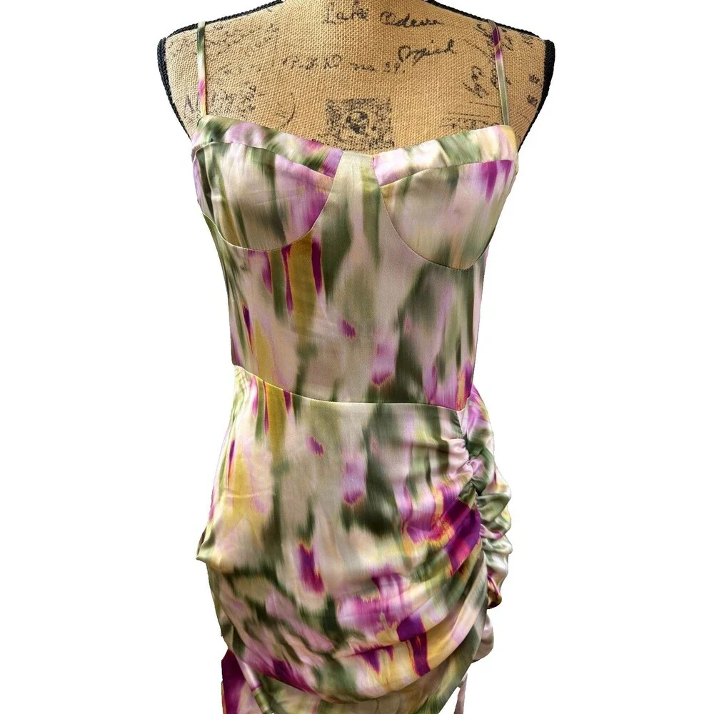 CIDER Watercolor Satin Ruched Asymmetrical Bodycon Midi Dress – Size Small